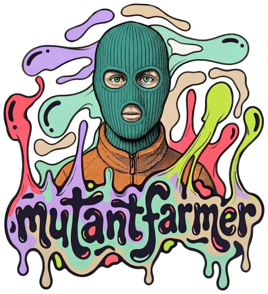 Логотип mutantfarmer: гровер в зелёной балаклаве над стекающей надписью mutantfarmer